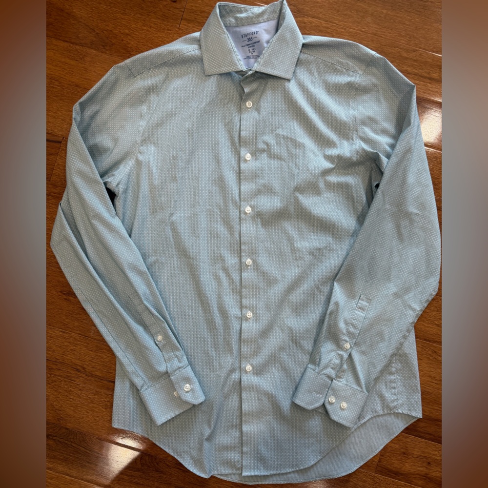 Stafford 365 All-Temp Comfort Fitted Green & White Button Down Shirt